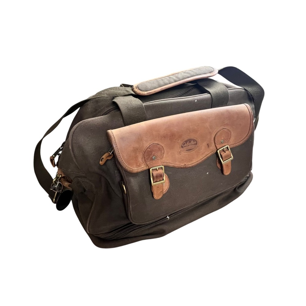 Cabelas Canvas Leather Trim Duffel Bag Brown Travel Luggage Weekend Bag
